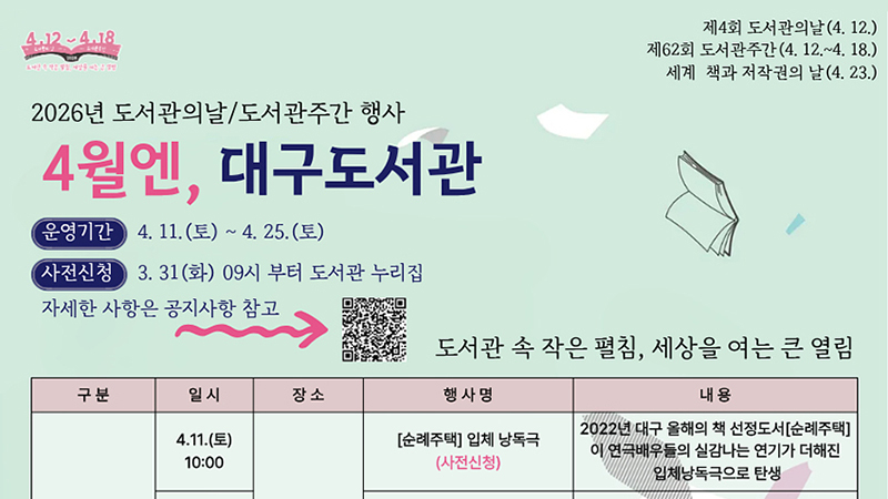 “4월은 도서관의 달” 대구도서관, 책으로 세상을 열다